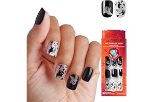 KISS imPRESS Halloween Press On Nails, ‘Coming Near’, Black, Short Squoval, Magnetic Powder Effect, No Glue, Glow-In-The-Dark, Includes Prep Pad, Mini Nail File, Manicure Stick & 30 Fake Nails