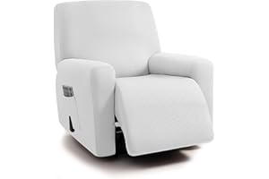 ULTICOR Squared Jacquard Design, 4-Piece, 1 Seat Recliner Cover, Reclining Chair Covers for 1 Cushion Reclining Sofa, Single Seat Recliner Couch Cover, Thick, Soft, Washable (Recliner Cover, White)