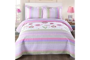 MarCielo 3 Piece Kids Bedspread Quilts Set Throw Blanket for Teens Girls Bed Printed Bedding Coverlet, Full Size, Purple Floral Striped (Full)