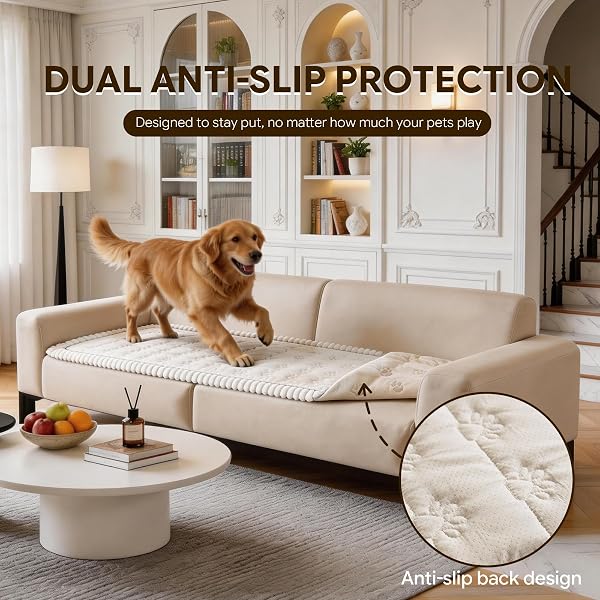 FUANGUI COUCH COVERS FOR DOGS WASHABLE, SOFA COVER WITH STRAPS FOR 3 CUSHION COUCH,NON-SLIP PET COUCH PROTECTOR FOR SECTIONAL & LEATHER SOFA, 1PC(BEIGE, 27.6″ X 70.9″)