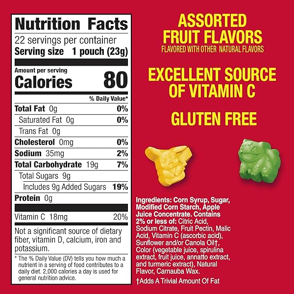 POKEMON FRUIT FLAVORED SNACKS, FAT FREE AND GLUTEN FREE SNACKS, 17.6 OZ (22 POUCHES)