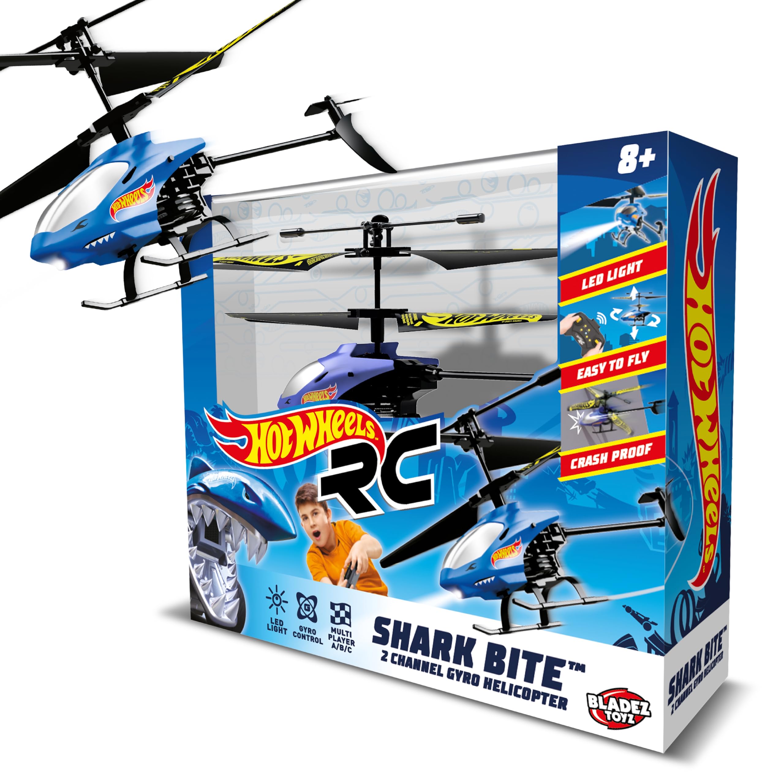 BLADEZ Hot Wheels Helicopter, Remote Control Shark Bite, RC 2 Channel with Gyro Control, Easy to Fly with lights, Crash Proof, Licensed Toy for kids Toyz