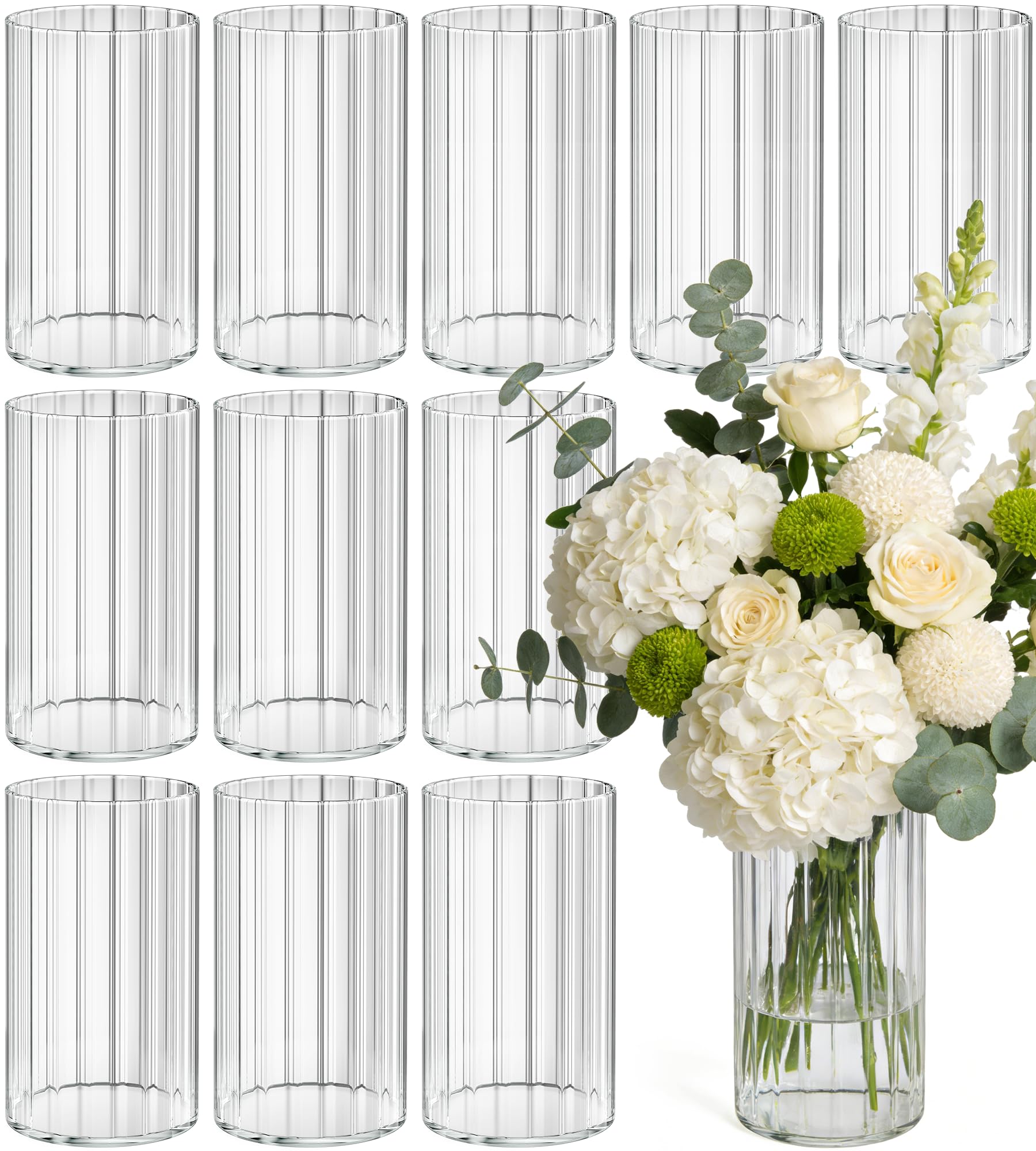 Photo 1 of 12pcs Stripe Glass Cylinder Vases for Centerpieces, 6 Inch Tall Flower Vase for Wedding Decorations, Hurricane Vases Floating Candle Holder for Table Centerpiece Wedding Home Décor