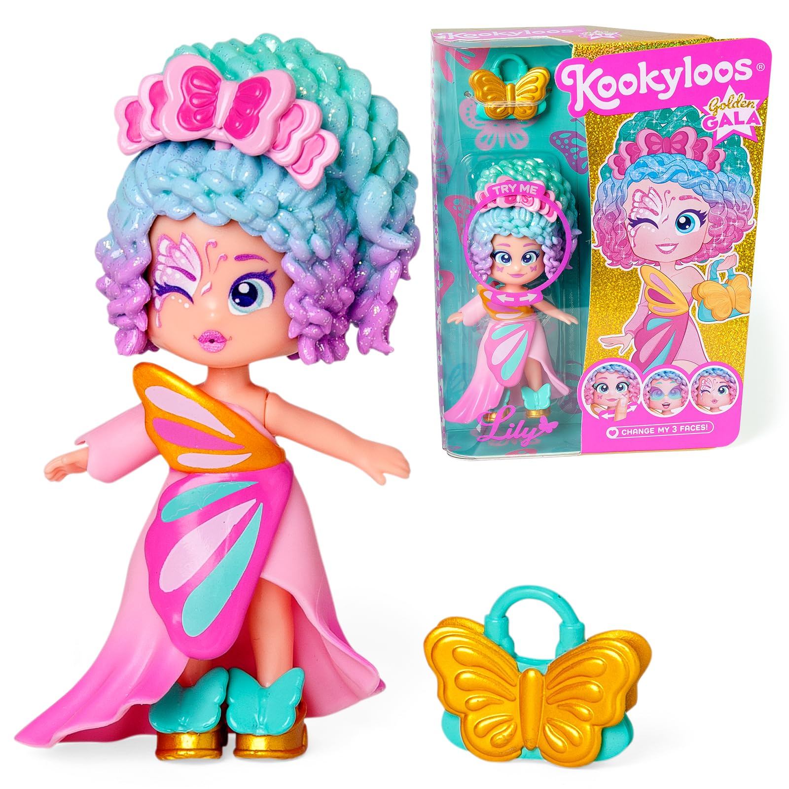 KOOKYLOOS Golden Gala Series LILY, Collectable doll from the Golden Gala series. Contains the doll Lily, 1 bag, fashionable clothes and shoes and 1 accessory. 1 doll, 3 different faces