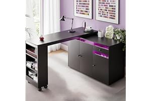 HOLAINAIL L-Shaped Manicure Table with Storage Cabinet, Drawer & Shelf, Rotating & Convertible Nail Tech Desk, Modern Nail Salon Table with LED Light, Black
