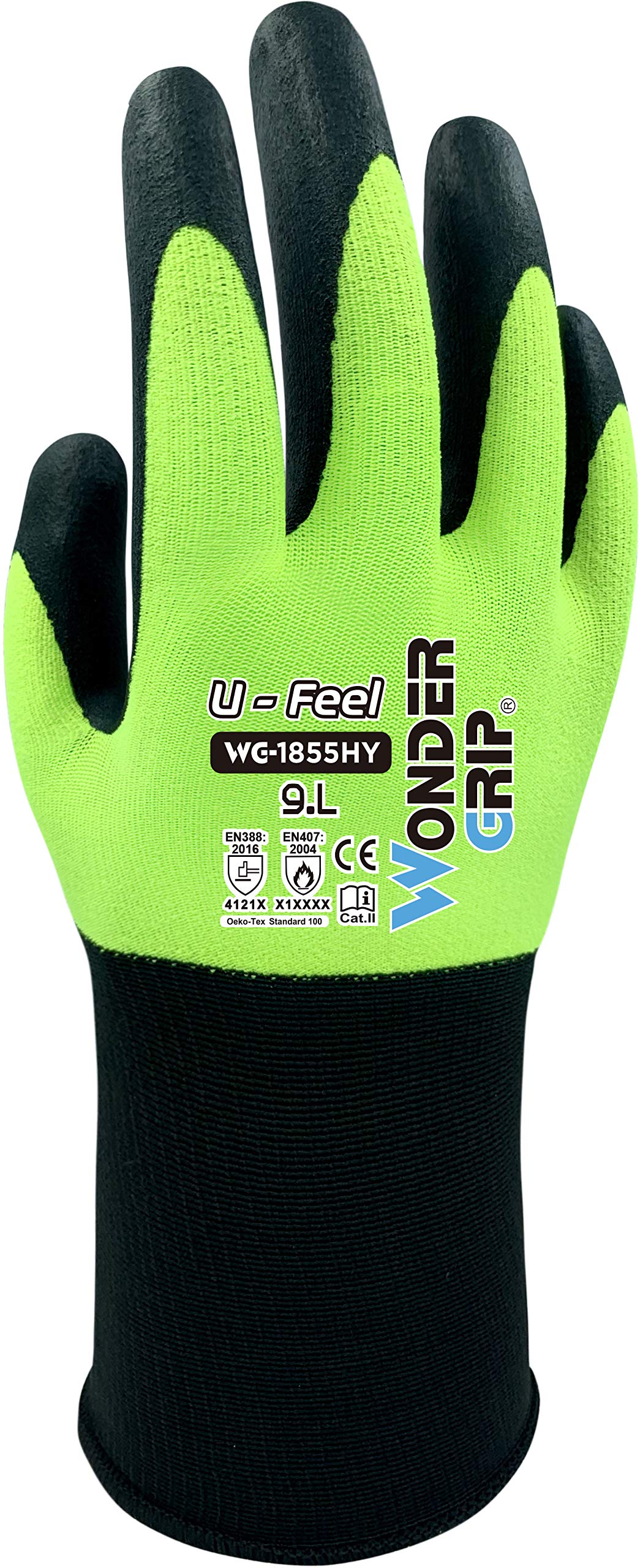 Wondergrip - U-Feel - WG-1855HY Safety Gloves - Single Nitrile Coating, Thin and Smooth - IT-Compatible - High Grip & Ergonomic Fit - For Dry-to-Oily Conditions - Yellow - Large
