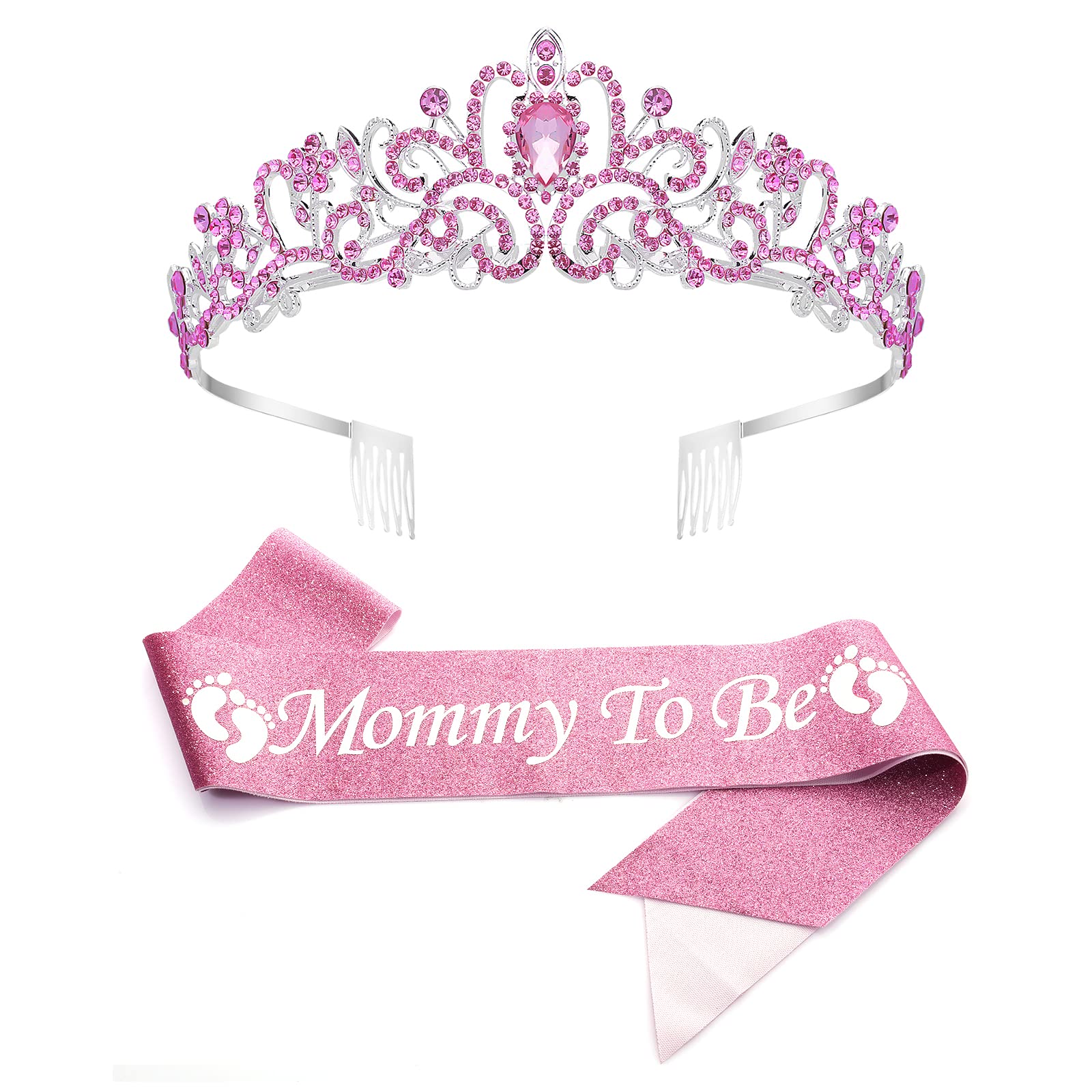 AIEX Mom To Be Baby Shower Decorations, Mommy To Be Crown and Sash Mother To Be Sash Baby Shower Boy Mommy To Be Sash and Tiara Set for Boys and Girls (Pink)