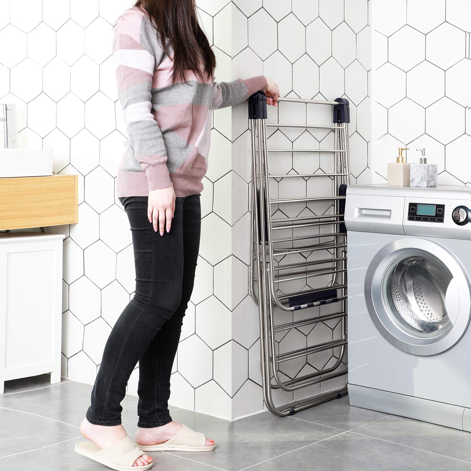 SONGMICS Foldable Clothes Drying Rack, 2-Level Stable Indoor Airer, Free-Standing Laundry Stand, with Height-Adjustable Wings, for Bed Linen, Clothing, Socks, Scarves, Blue ULLR53BU