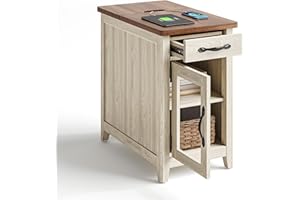 LINSY HOME Farmhouse End Table with Charging Station, Narrow Side Table for Living Room, Sofa Side Table with Drawer and Storage Cabinet, Small Nightstand for Home Office
