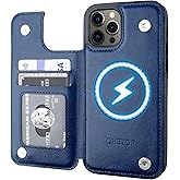ONETOP Compatible with Magsafe for iPhone 12/12 Pro Wallet Case with Card Holder, PU Leather Kickstand RFID Blocking Case, Double Magnetic Clasp and Durable Shockproof Cover 6.1 Inch (Blue)