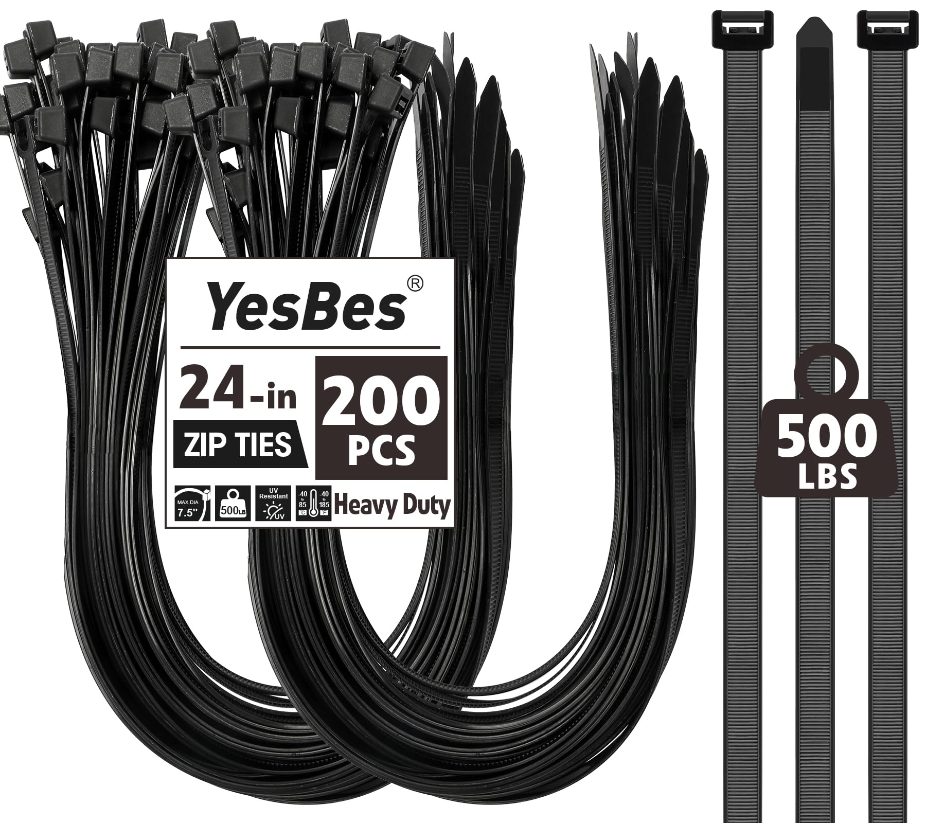 Photo 1 of 200 PCS Zip Ties 24 Inch Heavy Duty, Large Cable Ties 500lbs Tensile Strength, Black Zip Ties for Indoor and Outdoor Use, UV Resistant Wire Ties