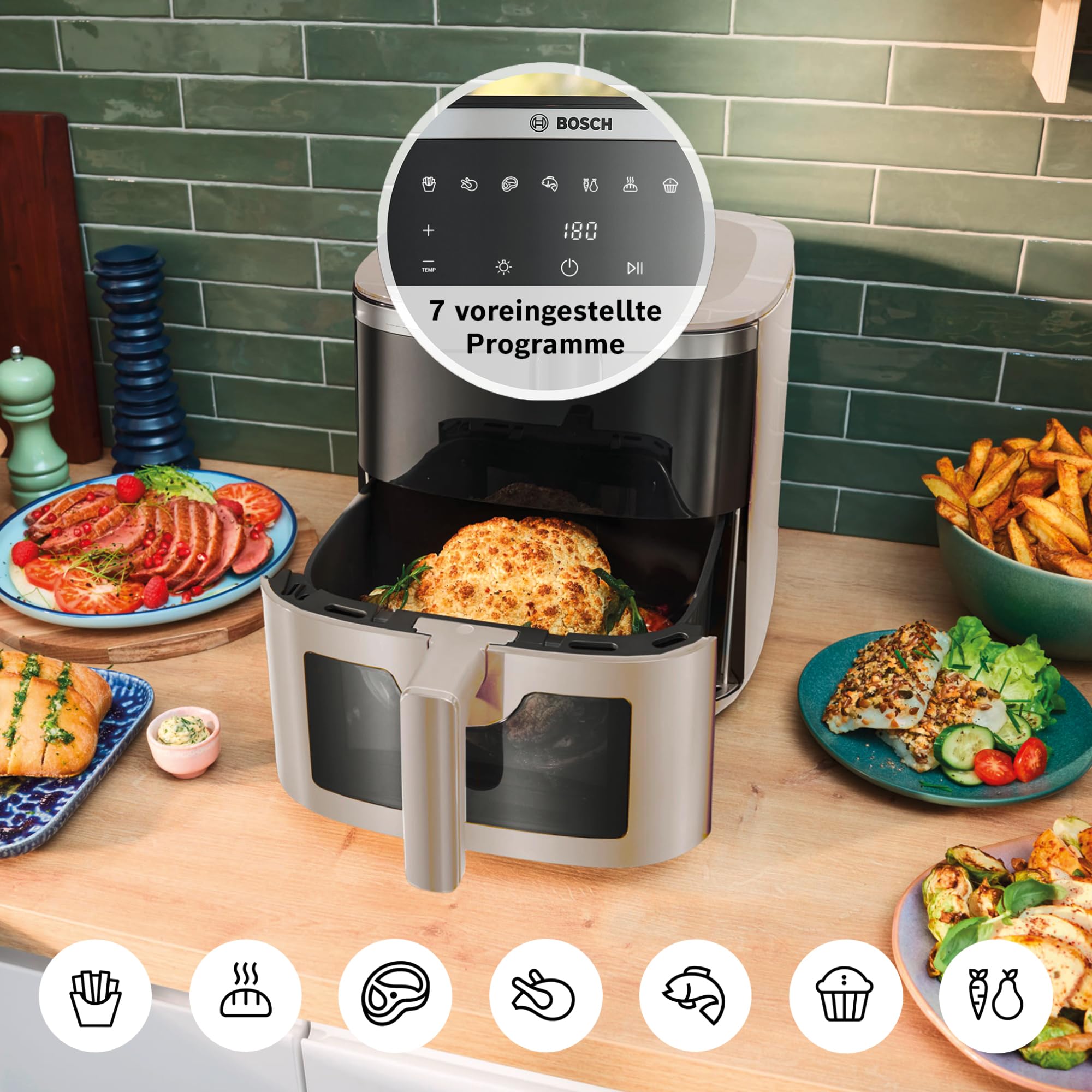 Bosch Heißluftfritteuse Serie 6, XXL Air Fryer, creme, 7,2 L Fassungsvermögen, beleuchtetes Sichtfenster, 7 voreingestellte Programme, bis zu 65% schnelleres Kochen, MAF671C0 6