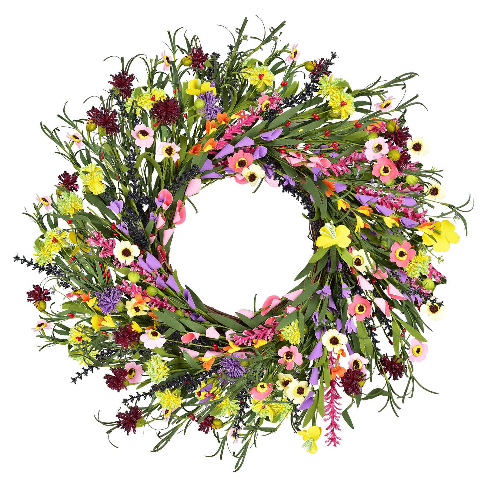 20 Inch Spring Colorful Wreath Artificial Daisy and Lavender Flower Wreath for Front Door Home Decoration