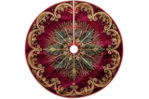 Holly Tree Skirt, Christmas Elegant Gold Swirls Christmas Burgundy Reusable Velvet Knitted Tree Skirt for Home Church Indoor 