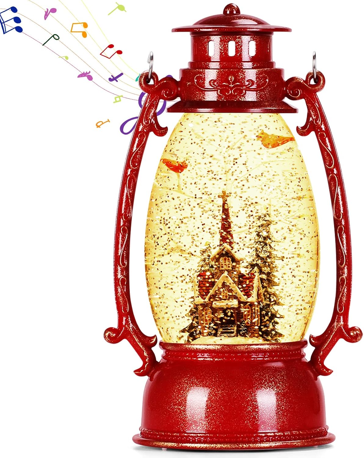 Snow Globes - Cardinal Christmas Snow Globes, 6H Timer Musical Snow Globes with Church & Xmas Tree, Battery Operated Glitter Water Lantern Music Box for Christmas Table Decorations and Gift