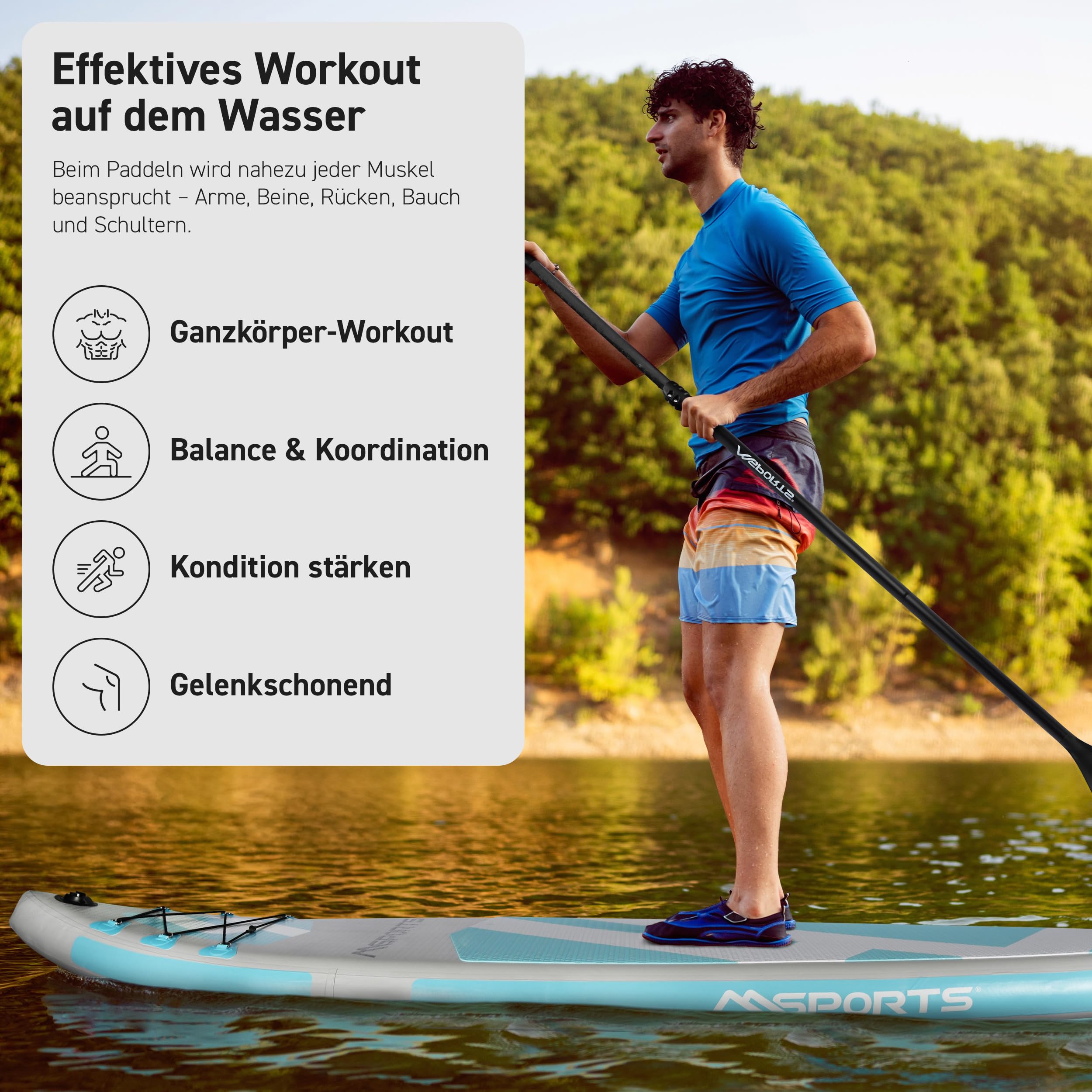 MSPORTS SUP - Stand Up Paddling Board - Aufblasbar Komplettes Paddleboard Zubehör Verstellbares Paddel, hochwertige Pumpe + 2X Paddelstock + wasserdichte Smartphone Tasche + Multifunktionstasche 5