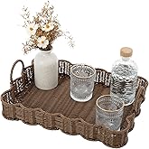 GRANNY SAYS Wicker Scalloped Tray for Decor, Coffee Table Tray with Handles | Decorative Woven Rattan Trays for Kitchen Counter, Rectangle Serving Trays for Living Room, Entryway, Ottoman, Brown
