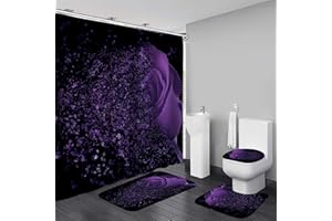 Yddsky 4 Pcs Purple Rose Shower Curtain Sets with Rugs Black Bathroom Sets with Shower Curtain and Rugs Modern Bathroom Curtains Shower Set with Toilet Lid Cover for Women Bathroom Decor Accessories