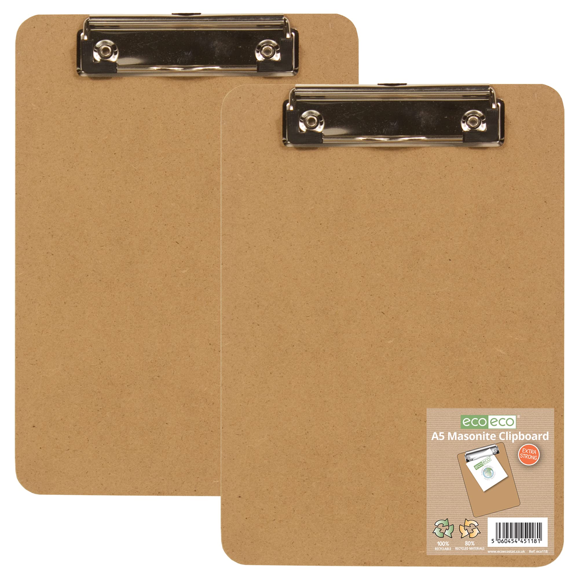 eco-eco A5 Masonite Strong Clipboard with Low Profile Metal Clip, eco118x2