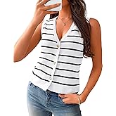 GoMamee Womens Summer Sweater Vests Sleeveless Striped Fashion V Neck Button Up Knit Vest Tops S-XL
