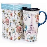Topadorn Ceramic Travel Mug, 17oz Paris Floral Cup with Lid, Gift for Women | Artistic Floral Ceramic Tea Cup with Handle, Microwave &amp; Dishwasher Safe, Fits Car Cup Holder, Gift Box Included
