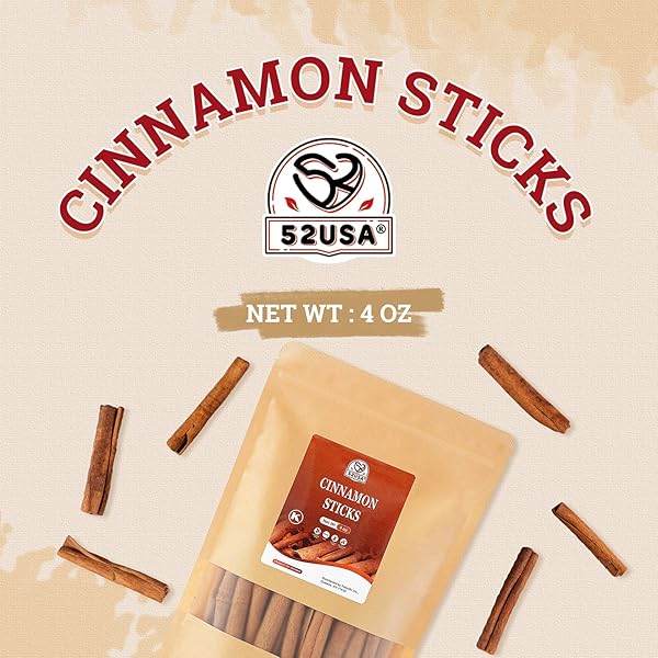 52USA CINNAMON STICKS, CINNAMON 4 OZ (113G), WHOLE CINNAMON STICKS, 100% RAW, KOSHER CERTIFIED, GLUTEN FREE, PURE & FRESH CINNAMON, PERFECT FOR BAKING, COOKING & BEVERAGES