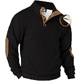 VOGSTART Man Casual Western Shirts Long Sleeve Cozy Pullover Quarter Thick Ribbed Corduroy Winter Stand Collar Fluff Heavyweight Classic Warm Color Block Elbow Patches Sweater Black - Waffle M