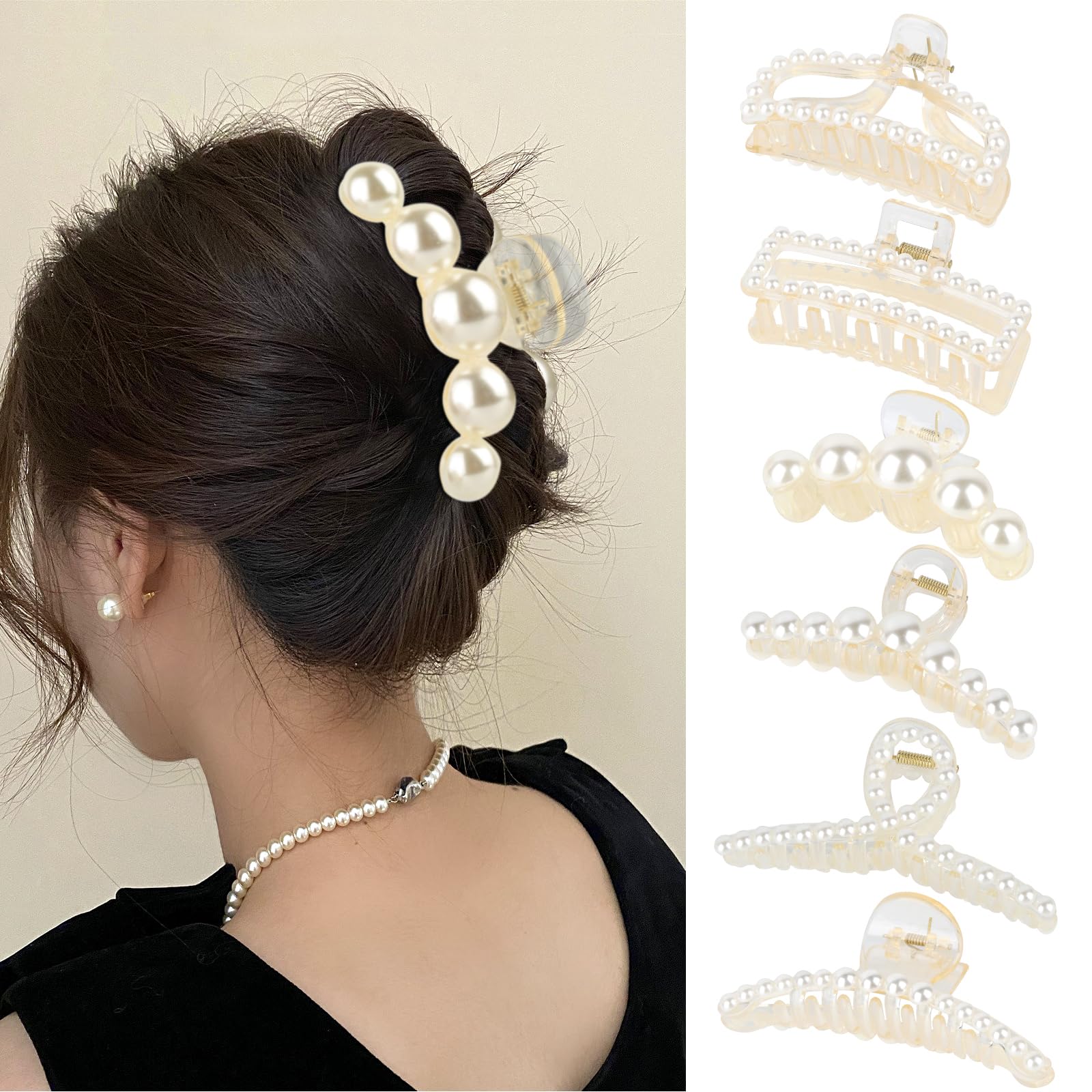 Pack of 6 Large Hair Clips, Pearl Hair Clips, Women's Hair Clips for Thick Thin Hair, Non-Slip Claw Clip, Elegant Hair Clip for Women and Girls