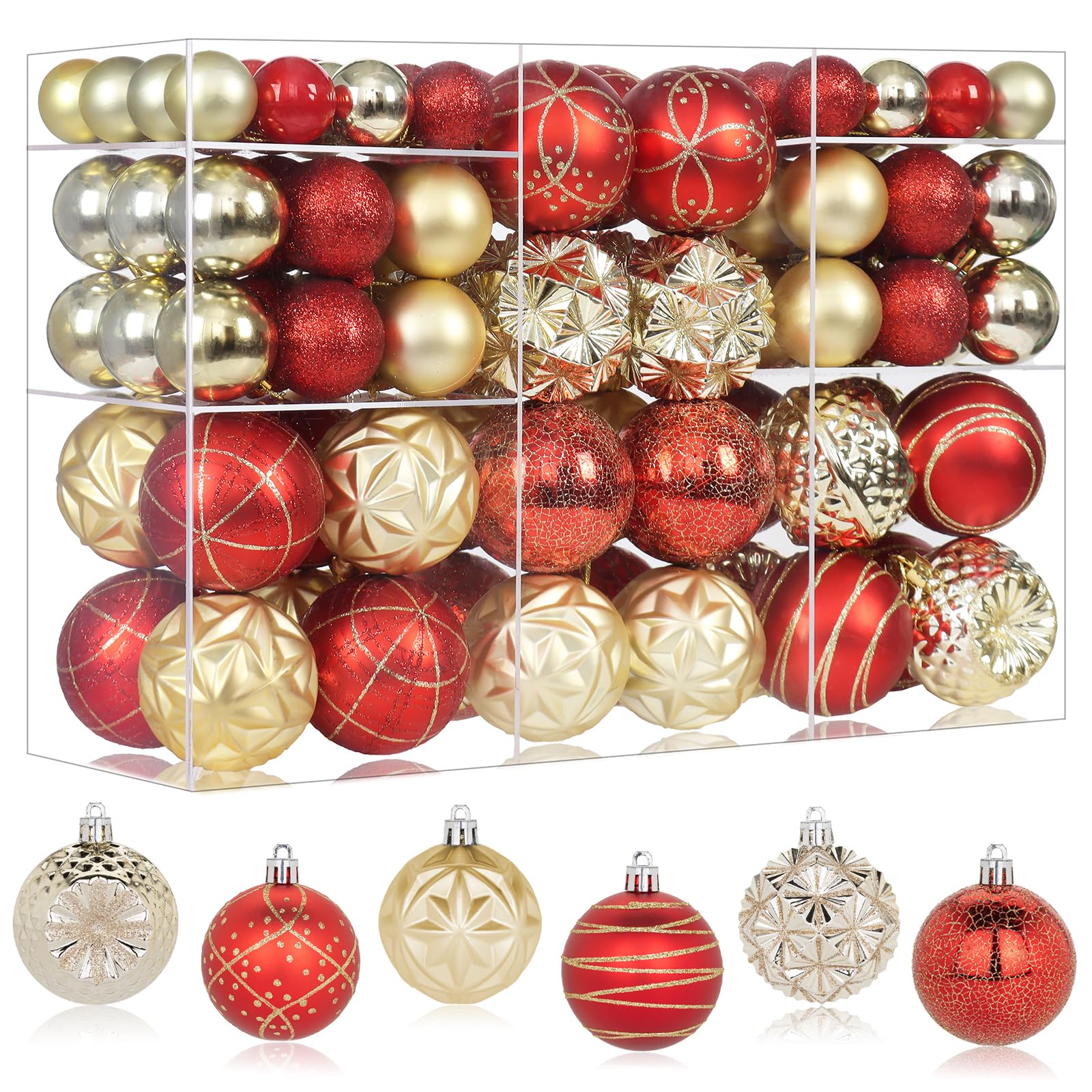 Photo 1 of 100ct Red and Gold Christmas Ornaments Set, Shatterproof Christmas Decorations for Tree Elegant Plastic Xmas Ball Ornaments with Assortment of Designs and Size for Holiday Party Deco (Red & Gold)