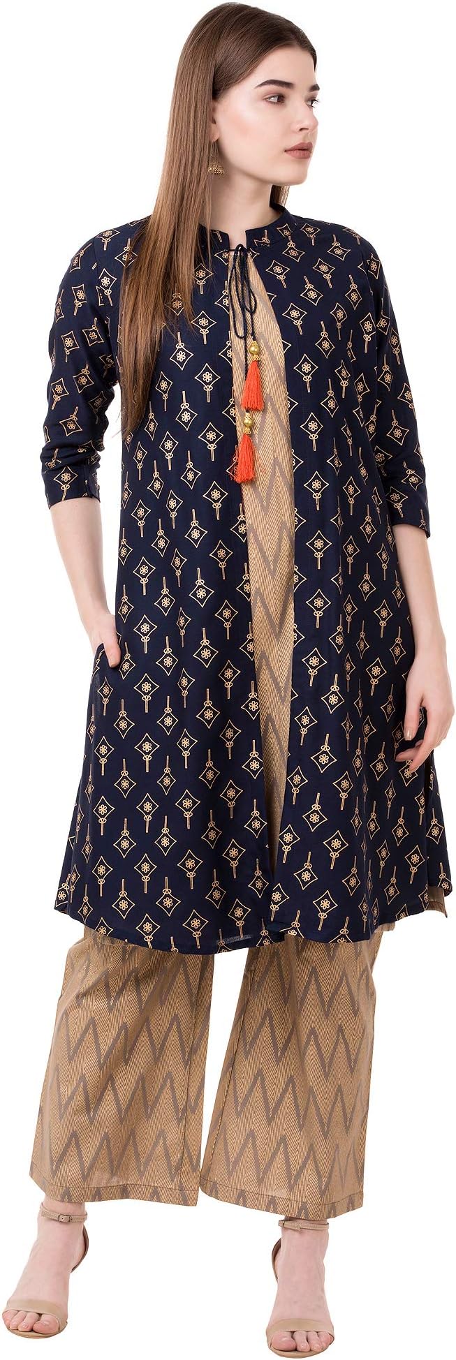 Crazora Women's Blue Gold Print Kurta With Ethnic Jacket and Palazzo Set