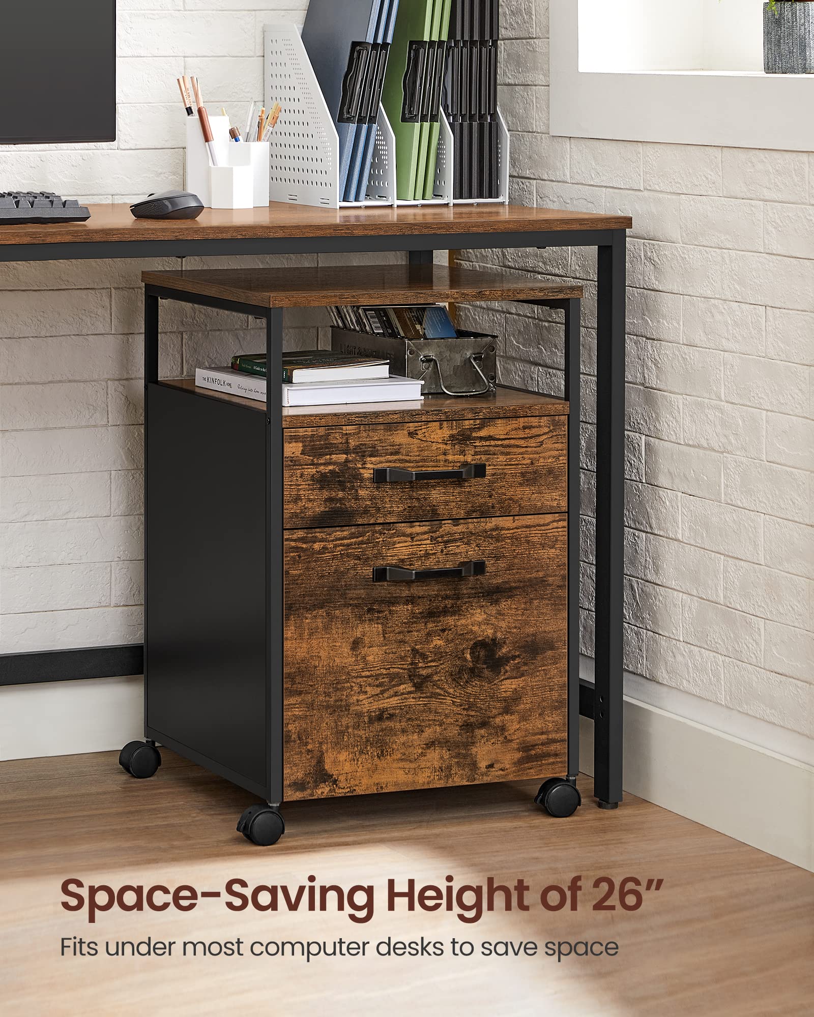 VASAGLE File Cabinet, Mobile Filing Cabinet with Wheels, 2 Drawers, Open Shelf, for A4, Letter Size, Hanging File Folders, Rustic Brown and Ink Black UOFC71X