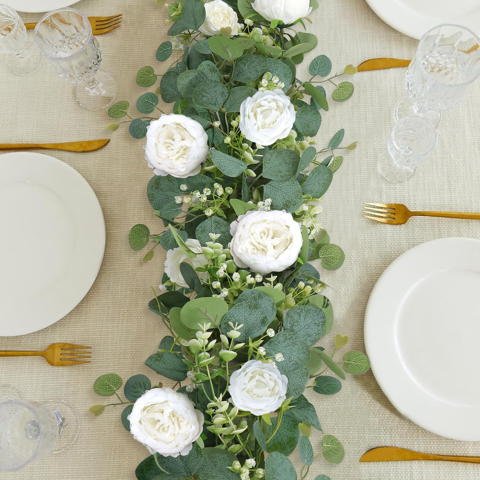 SOMYTING 4 Pcs 26.2FT Artificial Eucalyptus Flower Garland with Fake Rose Flower Vine Seeded Eucalyptus Leaves Greenery Garland for Wedding Table Backdrop Party Centerpiece Room Decor （White）