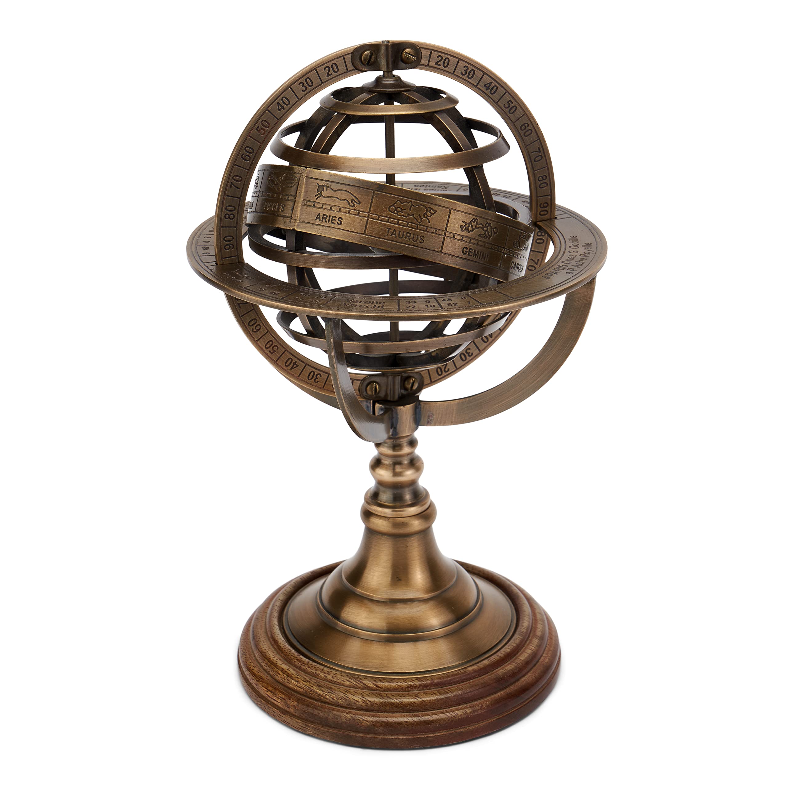 NKlaus 11569 Armillary Sphere Antique Brass on Wooden Base 17.5 x 13.5 cm