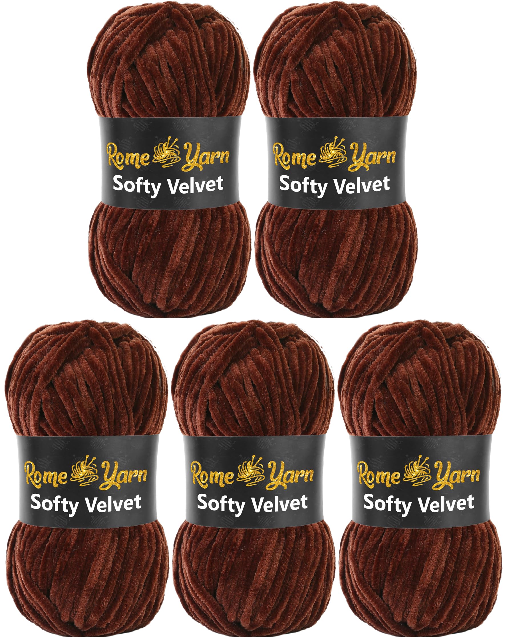 Rome Yarn Softy Velvet Yarn 100g/3.52oz - 120m/131yards | Super Chunky Bulky Chenille Soft Yarn for Knitting and Crochet Baby Blanket Amigurumi Plush Thick (5 Pack, 920 Dark Brown)
