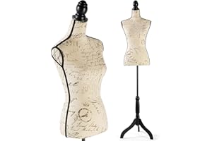 HYNAWIN Female Mannequin Torso with Stand, Height Adjustable from 52'' to 67'' Dress Form with Tripod Base, for Dress Jewelry, Display, Beige Printing