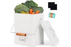 Monjita Kitchen Compost Bin, 1.7 Gallon Countertop Compost Bin for Kitchen with Lid, Indoor Compost Bin with 2 Carbon Filters, Small Compost Bucket, Food Waste Bin for Kitchen with trash bags (White)