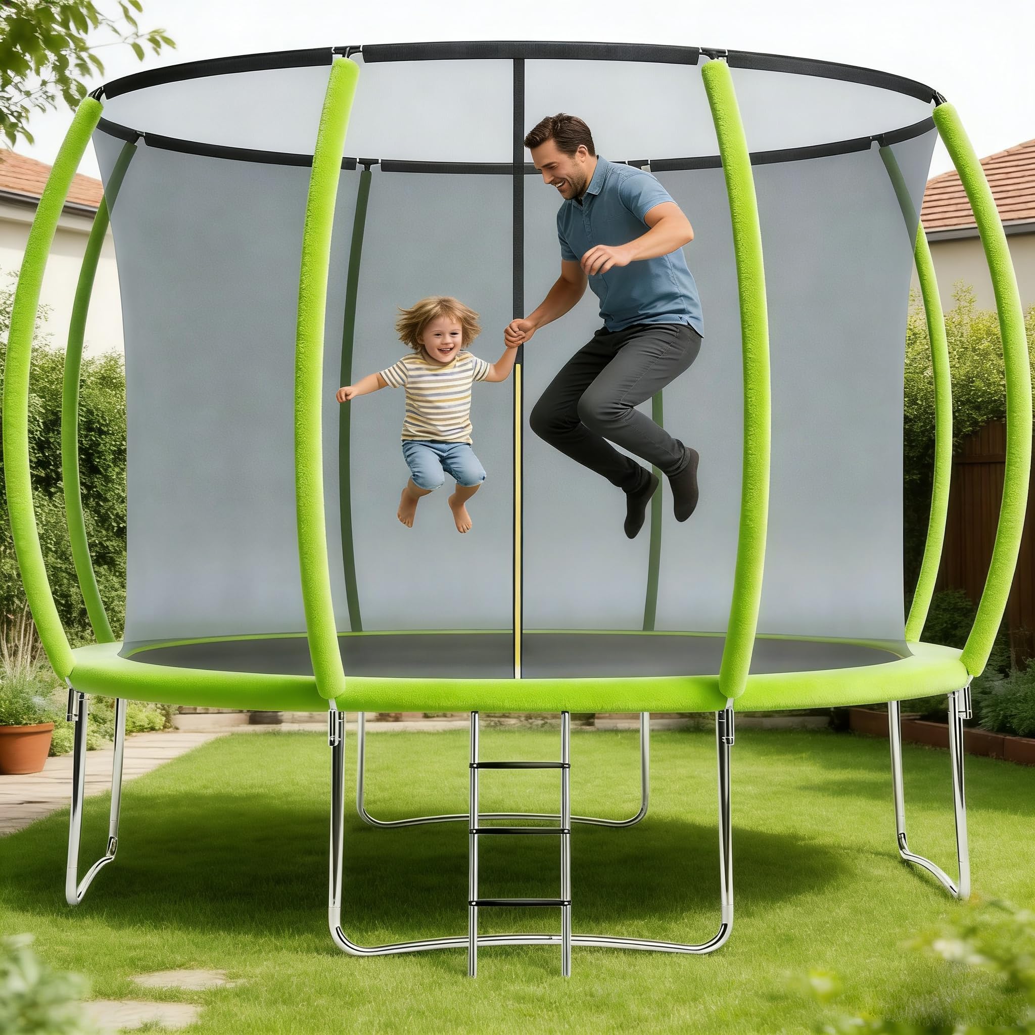 Photo 1 of 12FT Trampoline Outdoor with Enclosure & Ladder, Recreational Trampolines, Heavy-Duty Trampolines for Kids and Adults, Spring Pad Cover, ASTM Approved, Green
