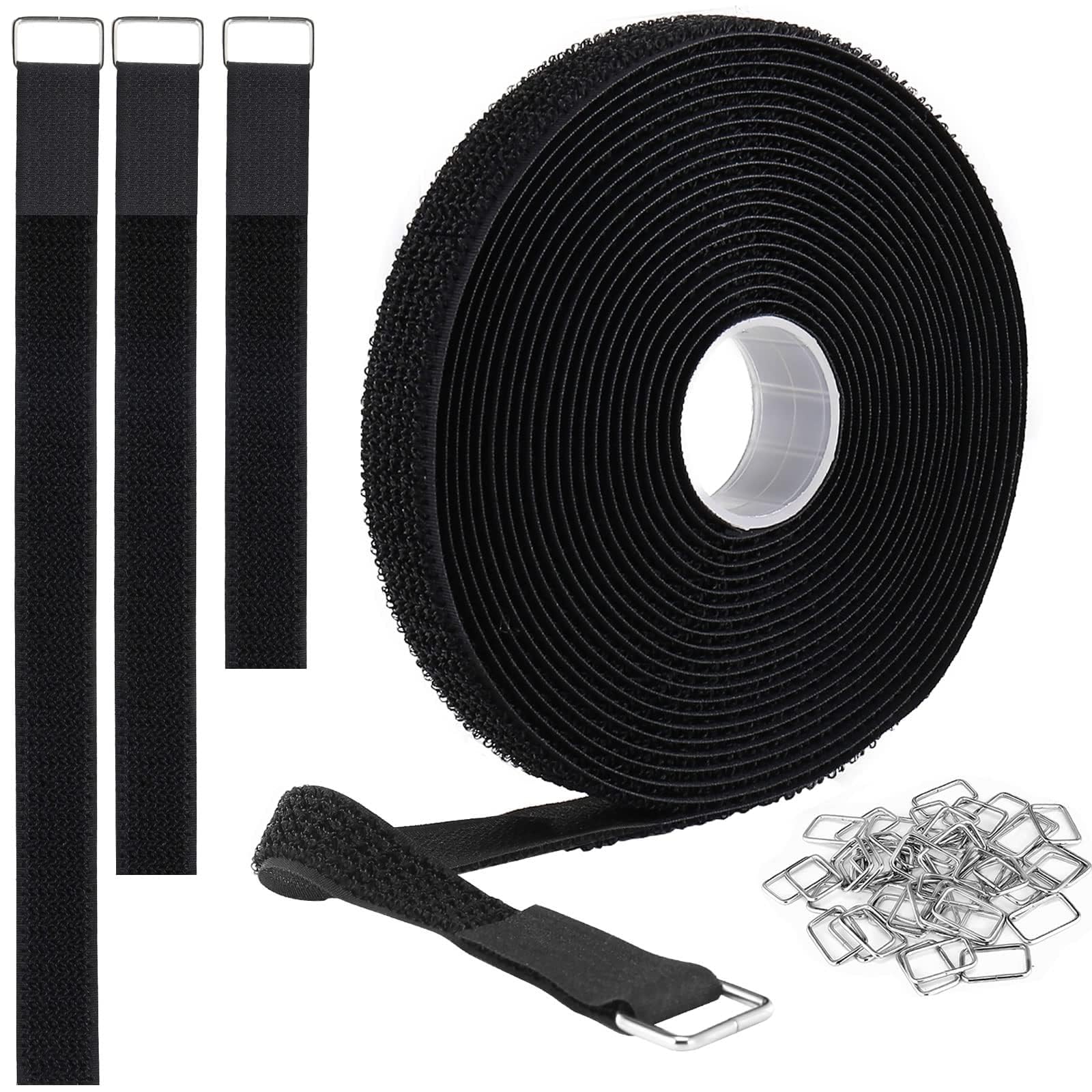 KTHZI 2cmx5m Ties Straps Reusable Adjustable with Hook and Loop 25 Buckles Metal,Cut to Length Fastening Cable Management Nylon Securing Cinch for Home Pack Wraps Organization,Black