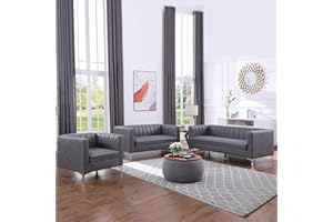 Morden Fort 3 Pieces Living Room Furniture Small Sofa Set, Faux Leather Comfy Couch Set Modern Minimalist Upholstered with Metal Legs for Bedroom, Apartment Office, Grey