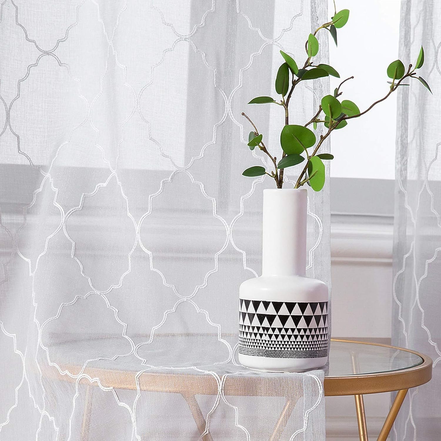 MIULEE Sheer Voile Moroccan Style Elegance Embroidery Transparent Window Curtains Draperies for Bedroom Eyelet Top for Living Room Nursery 2 Panels 55" Wx96 L Morocco White