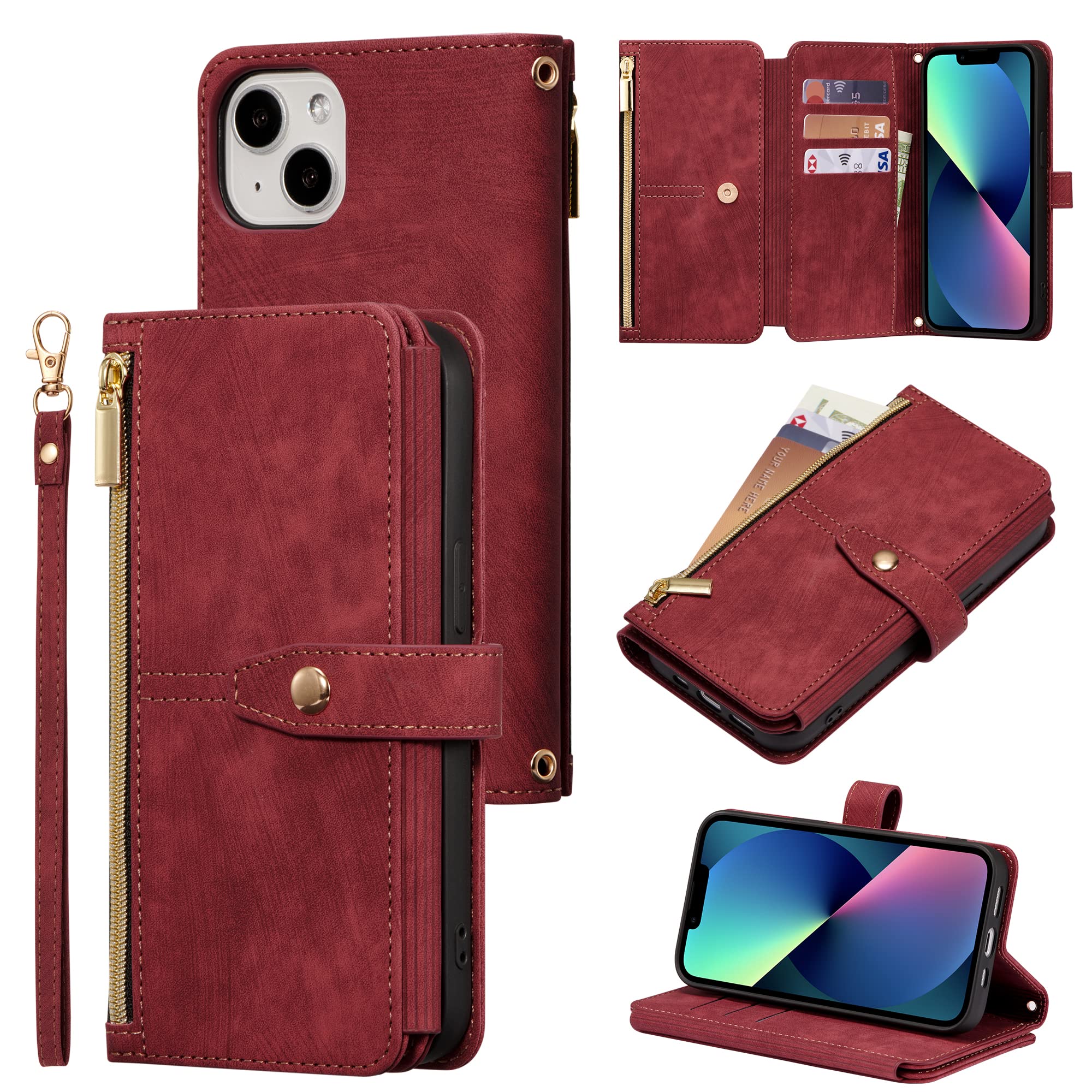 ZCDAYE Wallet Case for iPhone 14, Premium Leather Phone Case Women Ladies Holster with Card Slots Wrist Strap Zipper Flip Phone Cover for iPhone 14 (6.1 inches), Red