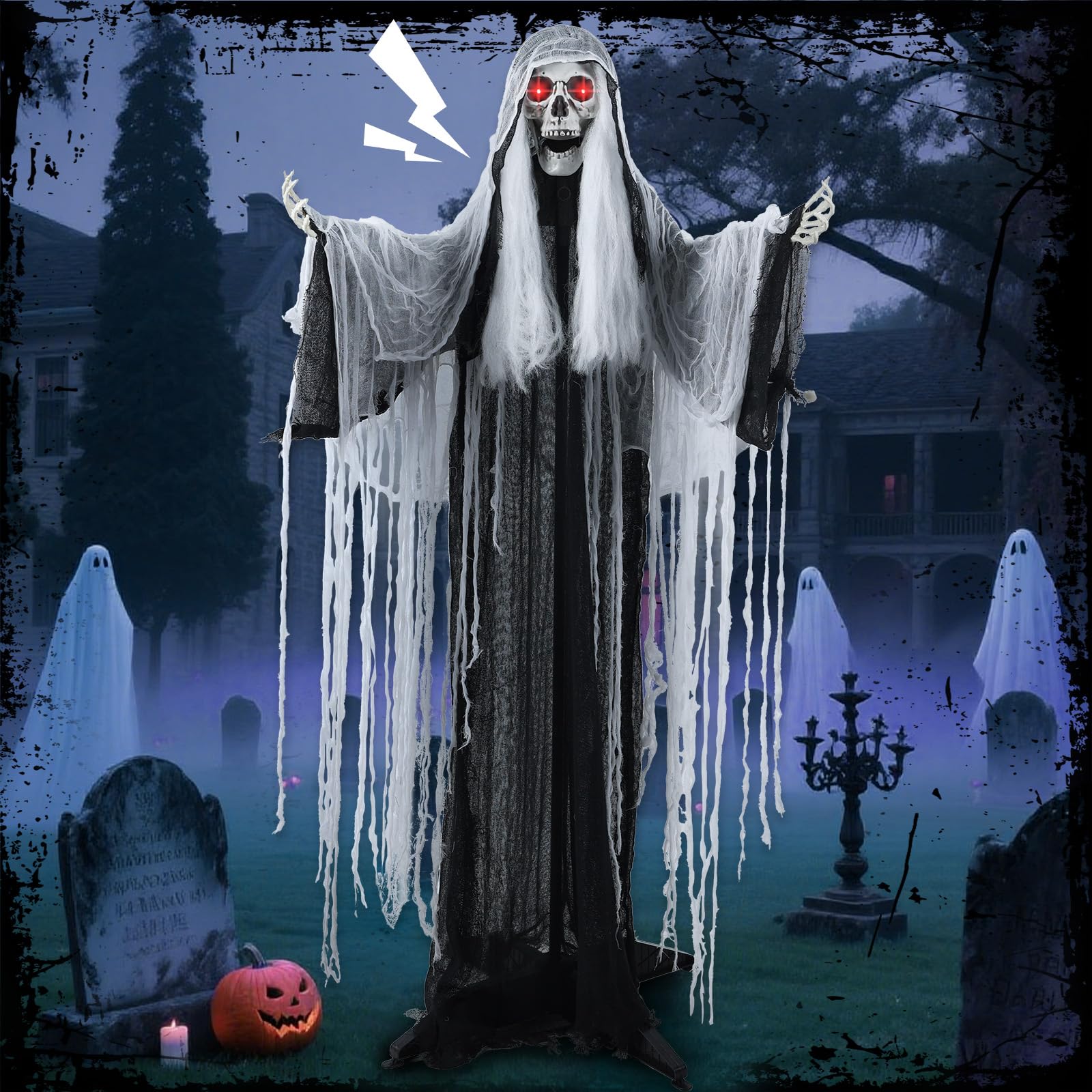 Photo 1 of LETIME 5 FT Witch Animatronic Halloween Decorations with Sound Activation and Glowing Red Eyes Life Size Scary Standing Witch Halloween Decorations Outdoor Animatronics