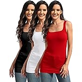 DYLH Cotton Square Neck Long Tank Tops for Women Tunic Layering Fitted Sleeveless Undershirt 3 Packs