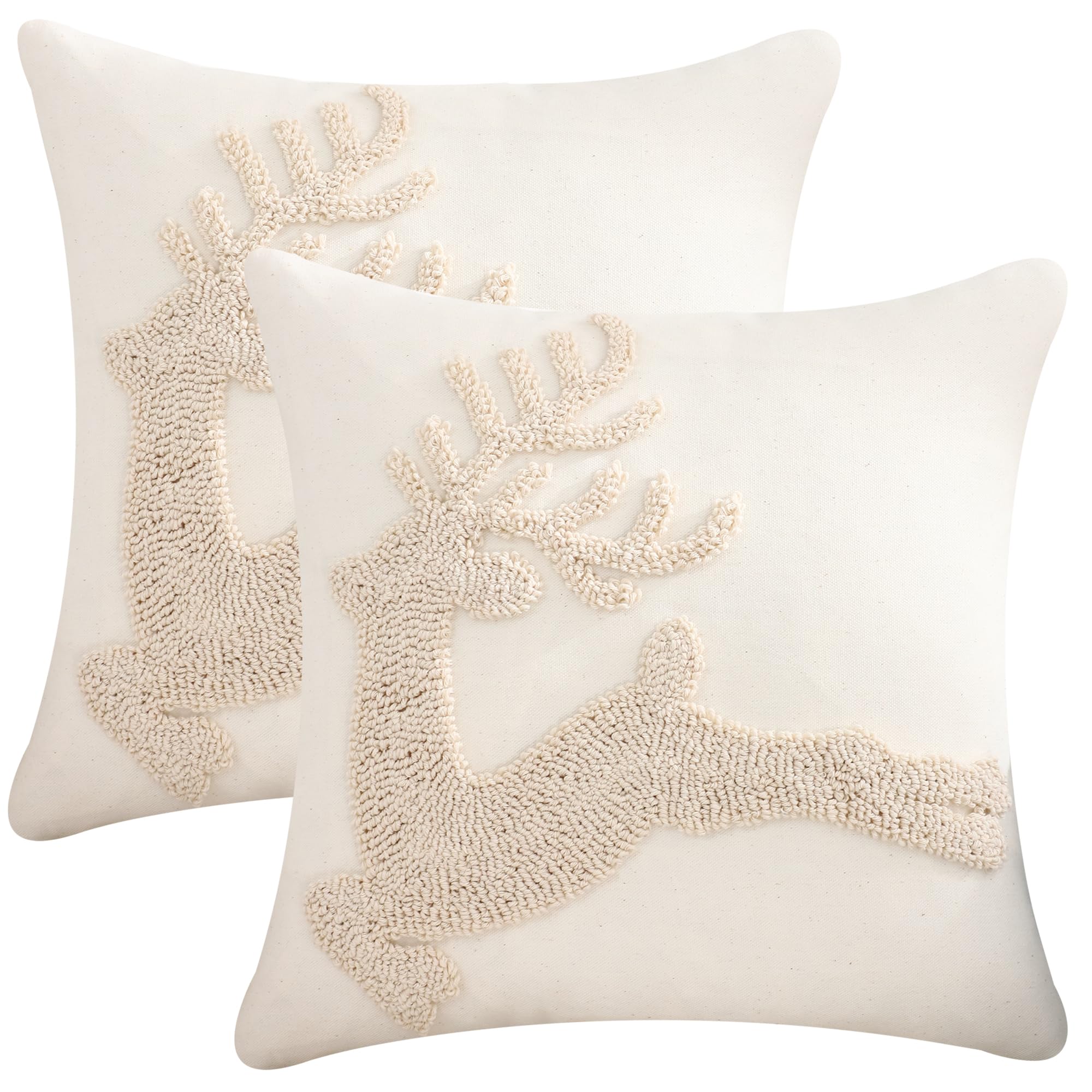 Tosleo Set of 2 Christmas Pillow Covers 18 x 18 inch Beige Christmas Deer Tufted Throw Pillow Covers Christmas Party Decor Winter Holiday Embroidery Cushion Case for Sofa Couch Bed Living Room