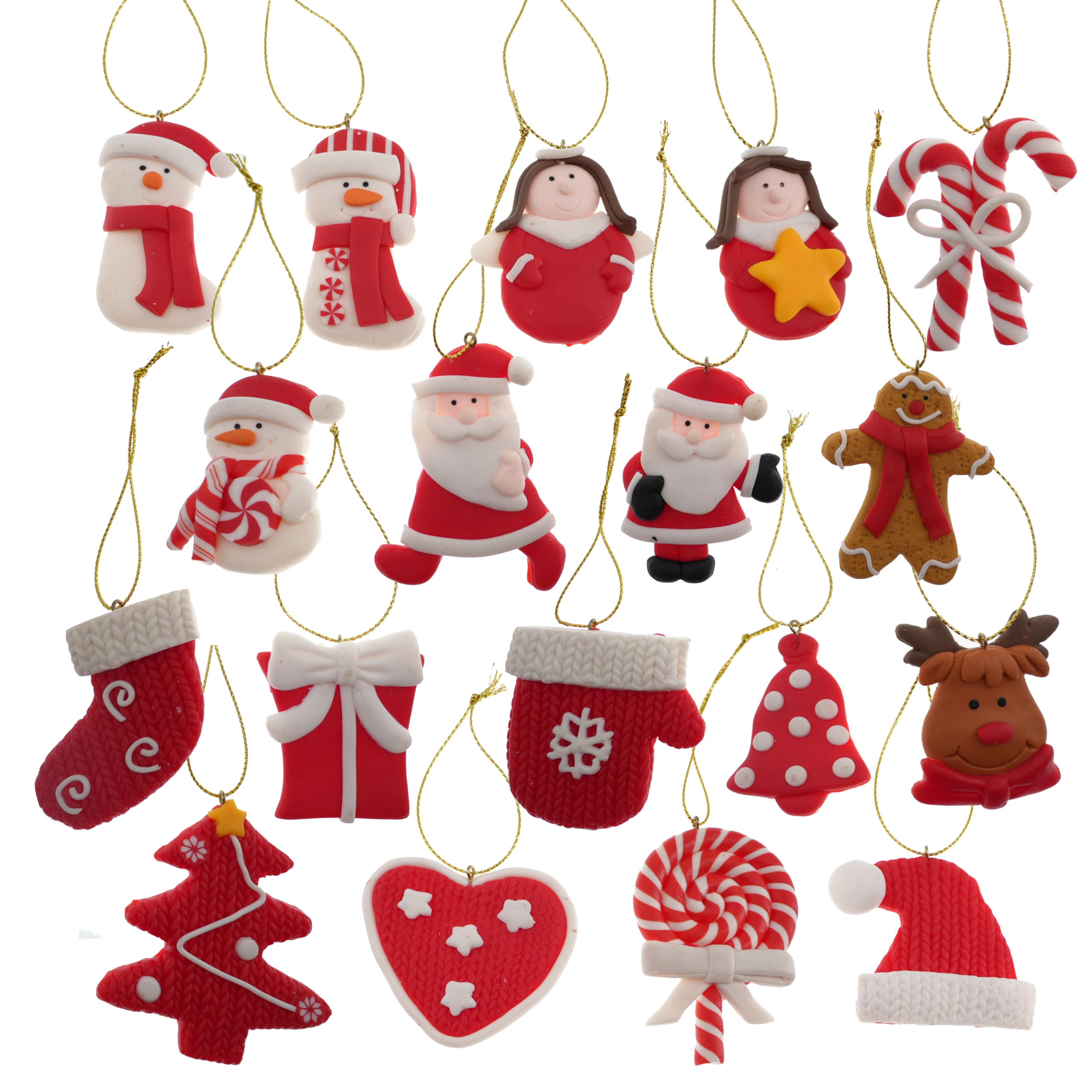 Hvfun Christmas Tree Ornaments Set -18 Unique Holiday Ornaments, Clay Material, Charming Reds and Whites Christmas Set, Festive Hanging Ornament Set