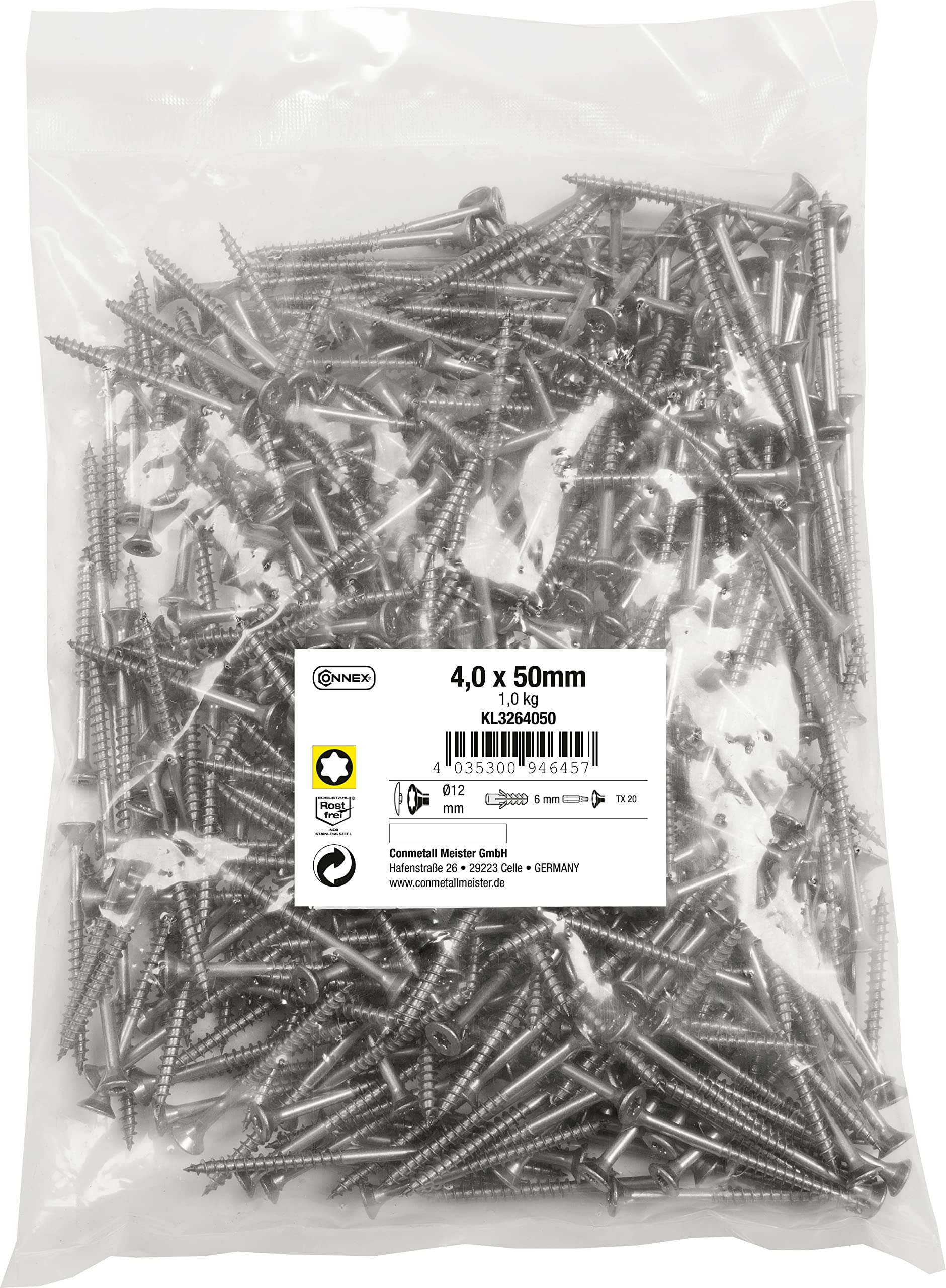 Connex KL3264050 Universal Screws 4.0 x 50 mm - 1 kg Bulk Pack - Countersunk Head - TX Drive - Partial Thread - Stainless Steel/Screw Set/Screws in Bag