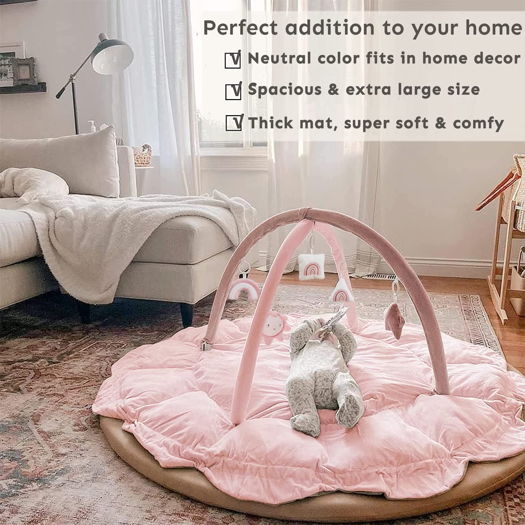 5-in-1 Thick & Plush Baby Play Gym, Baby Play Mats for Floor, Tummy Time Mat with 6 Toys, Convertible Stage-Based Developmental from Babies to Toddlers, Ball Pit, Pink