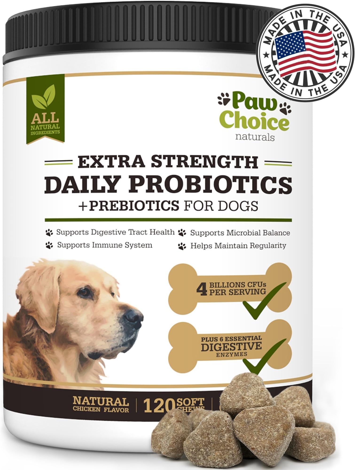 Probiotics for Dogs with Prebiotics, 6 Digestive Enzymes, Advanced Strength 4 Billion CFU's for Healthy Gut, Immune Boost, Diarrhea Relief & More, All Natural Probiotic Supplement, 120 Soft Chews