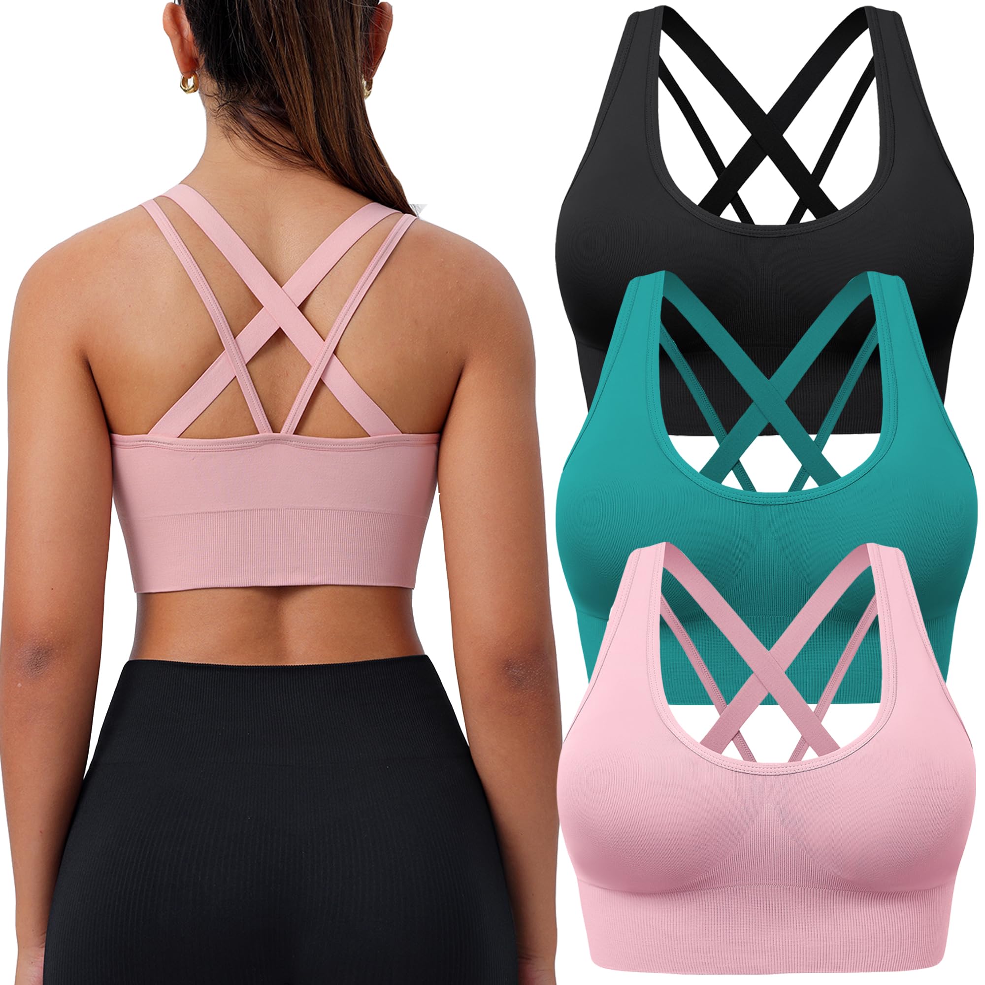 Photo 1 of BLUELILY Sports Bra for Women Medium Support Criss Cross Strappy Bras Seamless Padded High Impact Yoga Athletic Exercise Bras