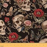 Feelyou Sugar Skull Rose Decorative Waterproof Rose Moth Upholstery Haunting Fabric - 1 Yd